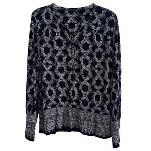 Lucky Brand Black Cream Blouse Top Boho Shirt Long Sleeve 1/4 Button Geometric M